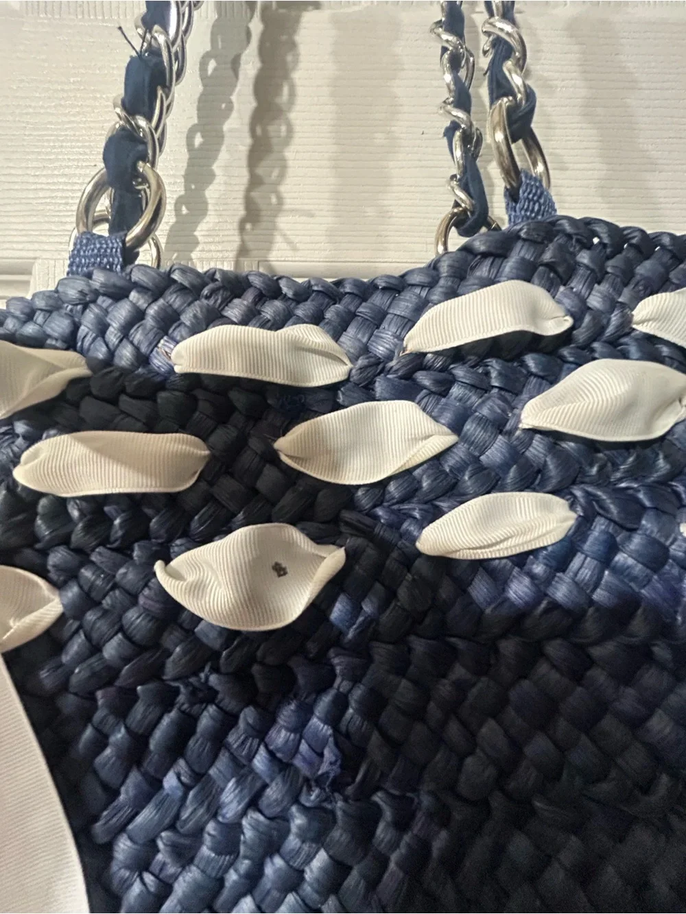 Woven Navy Straw Tote with White Ribbon Accent
